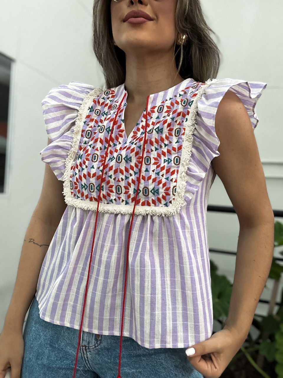 BLUSA ÉTNICA LISTRAS LILÁS - 0043650066 - CAROLLA FERRARO