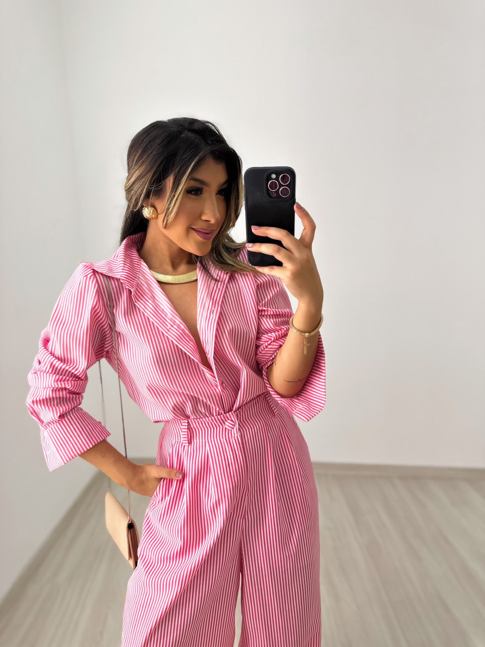 CAMISA BEBEL LISTRADA ROSA