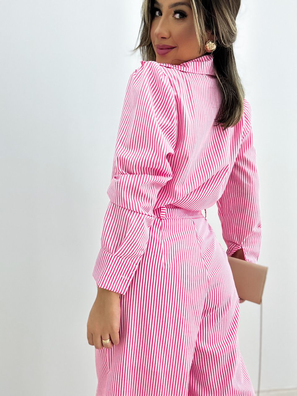 CAMISA BEBEL LISTRADA ROSA