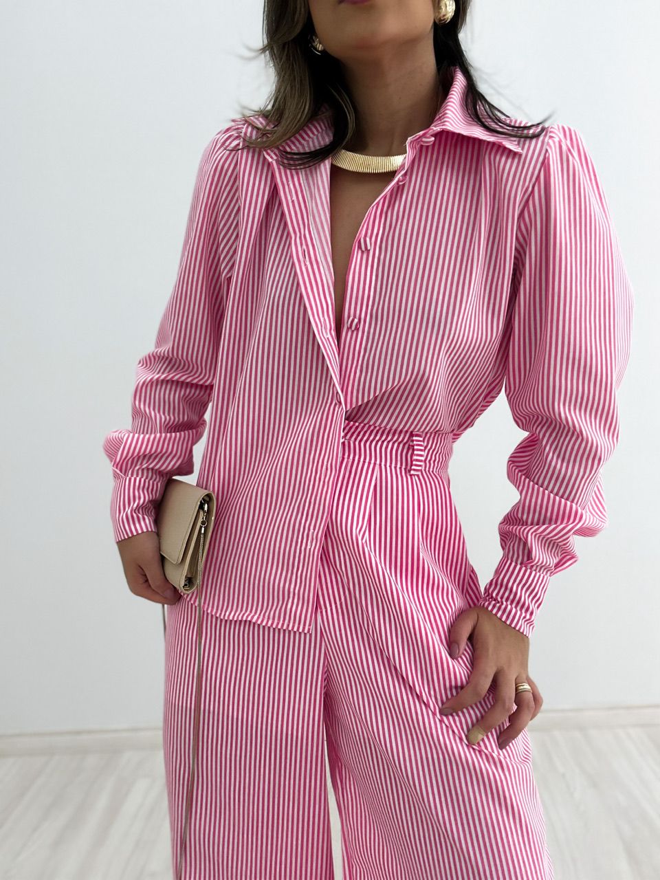 CAMISA BEBEL LISTRADA ROSA - 0044040031 - CAROLLA FERRARO