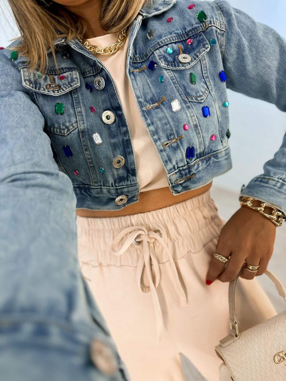 JAQUETA PEDRARIA JEANS - 0038500122 - CAROLLA FERRARO