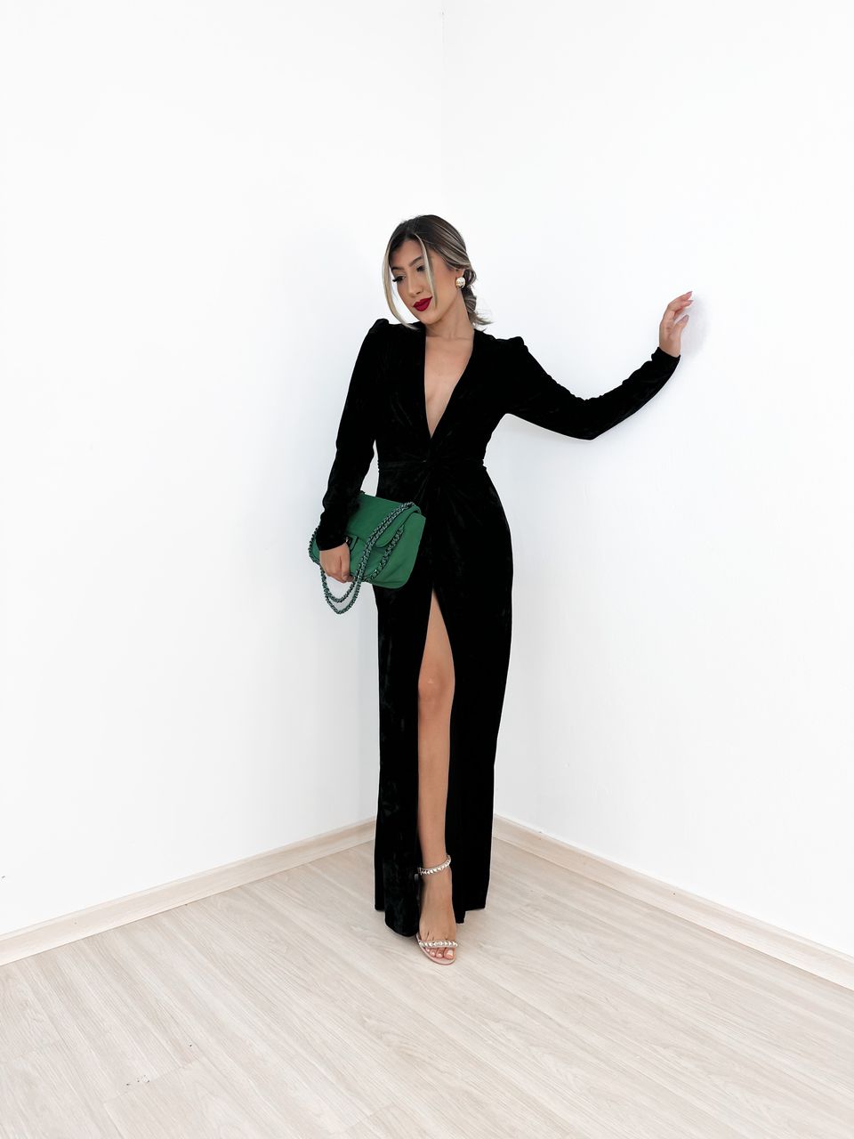 VESTIDO LONGO CF VELUDO Preto