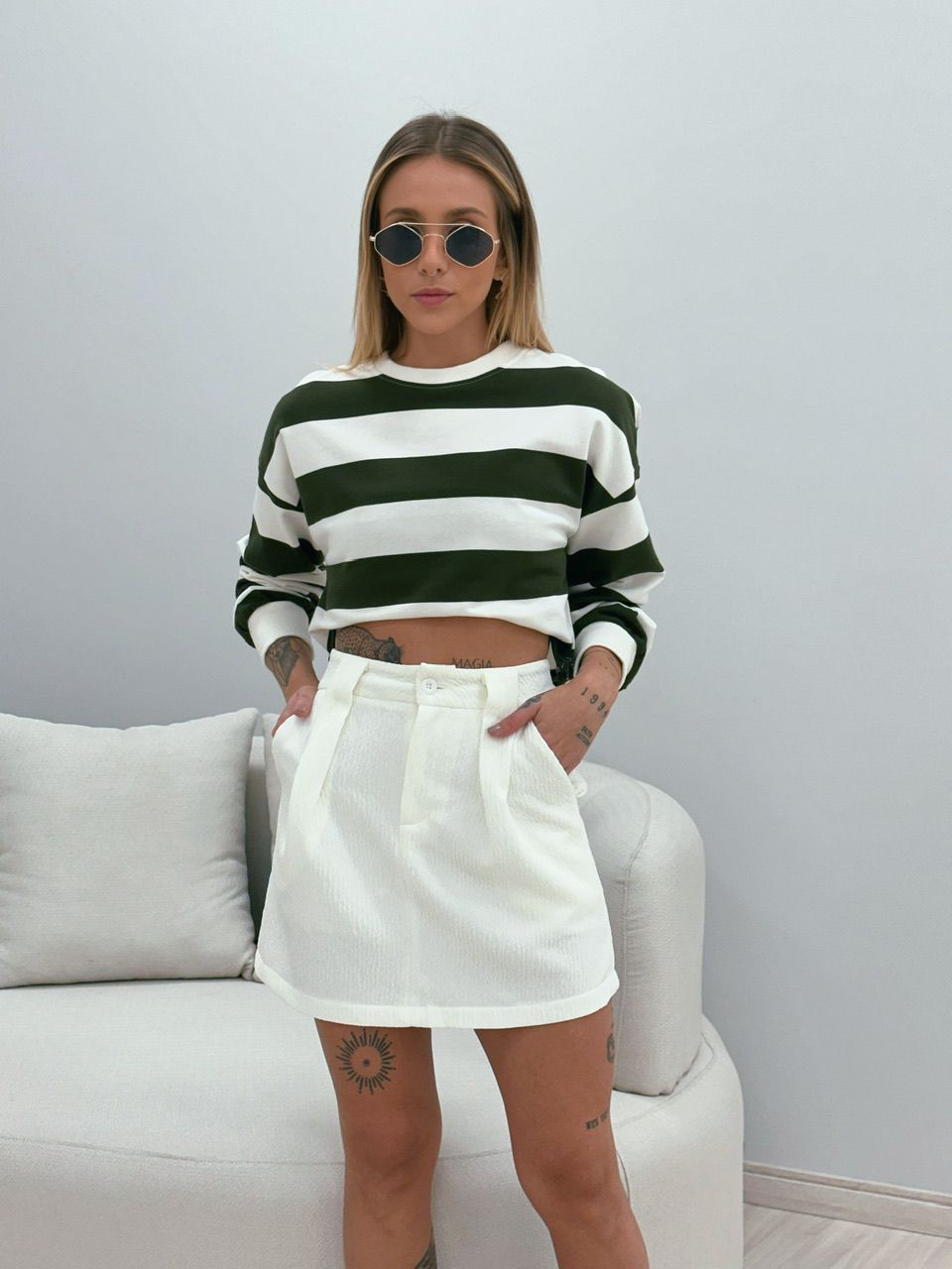 BLUSA MOLETINHO LISTRADA VERDE MILITAR - 004818000 - CAROLLA FERRARO