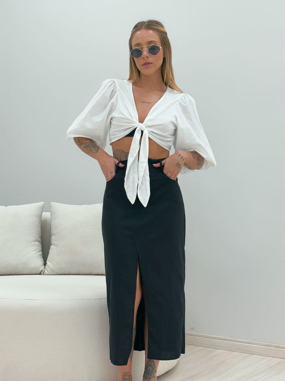 SAIA CLARA MIDI PRETA - 0048240033 - CAROLLA FERRARO
