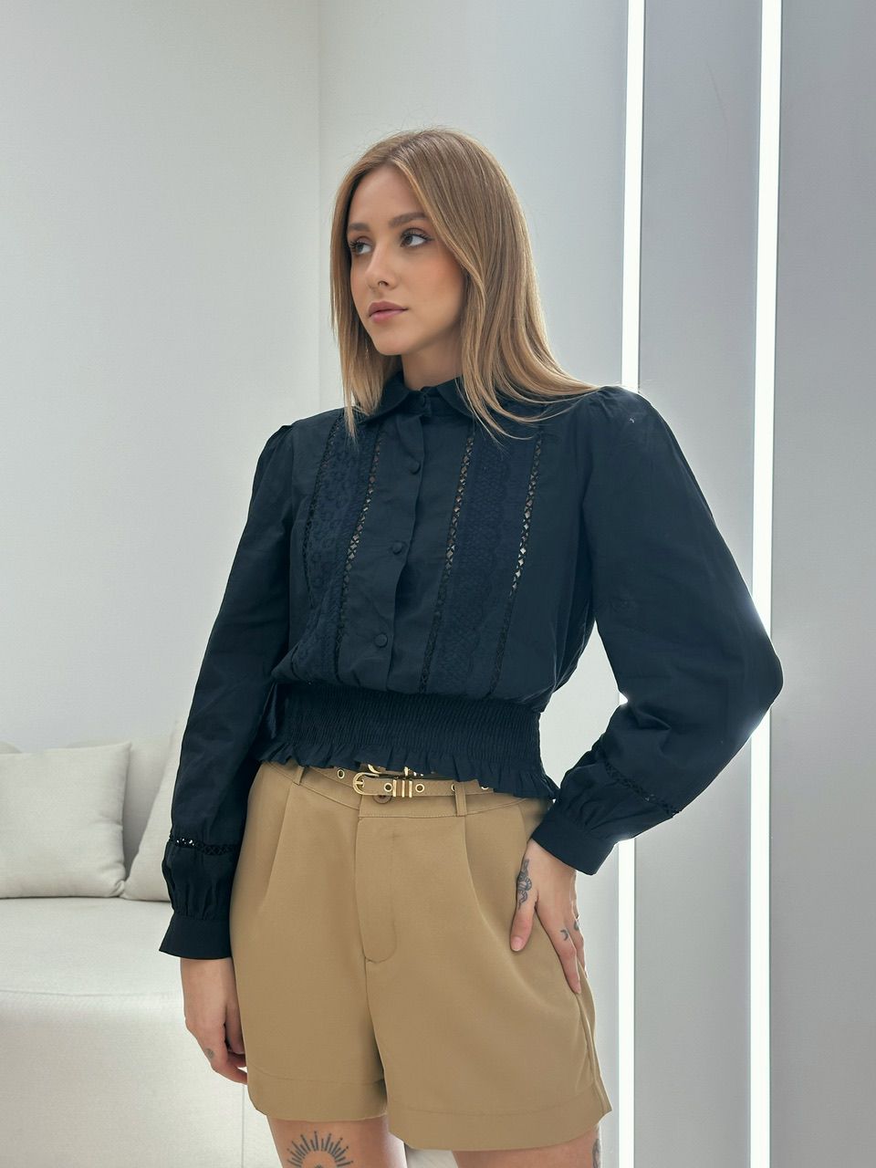 CAMISA BELLA LASTEX PRETA - 0050500033 - CAROLLA FERRARO