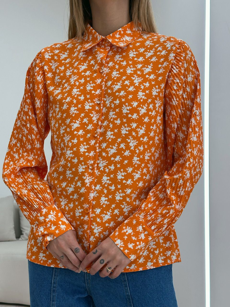 CAMISA FLORAL MANGA PLISSADA LARANJA