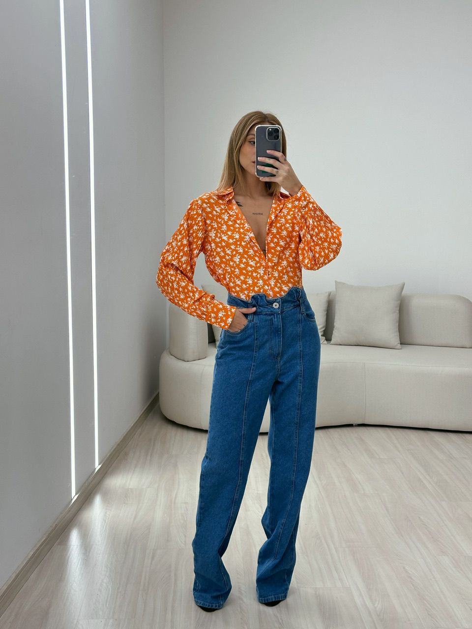 CAMISA FLORAL MANGA PLISSADA LARANJA