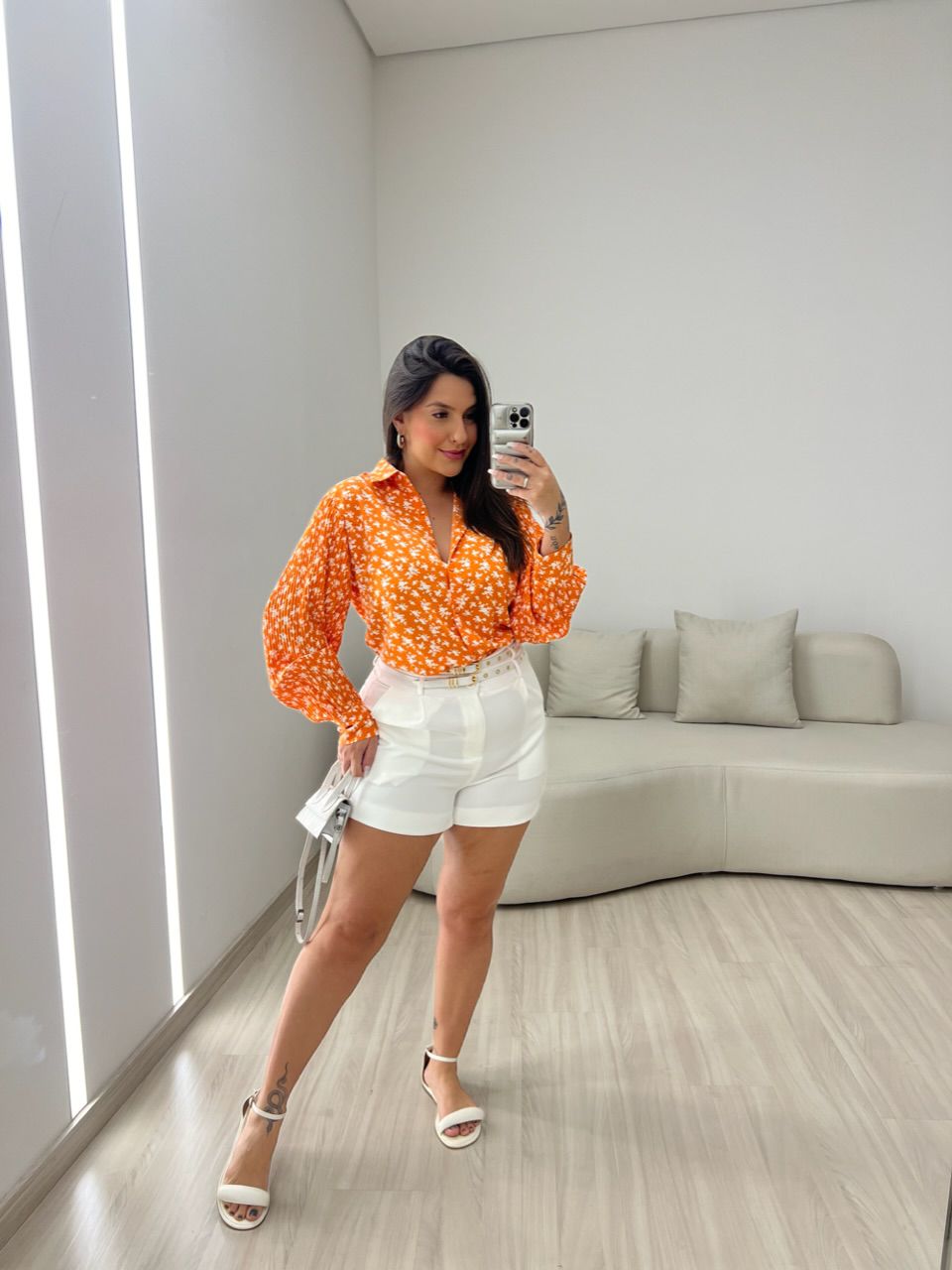 CAMISA FLORAL MANGA PLISSADA LARANJA