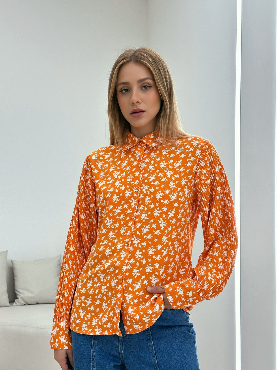 CAMISA FLORAL MANGA PLISSADA LARANJA