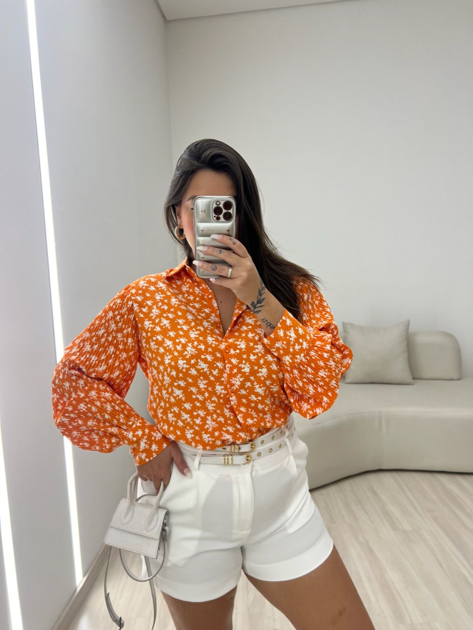 CAMISA FLORAL MANGA PLISSADA LARANJA