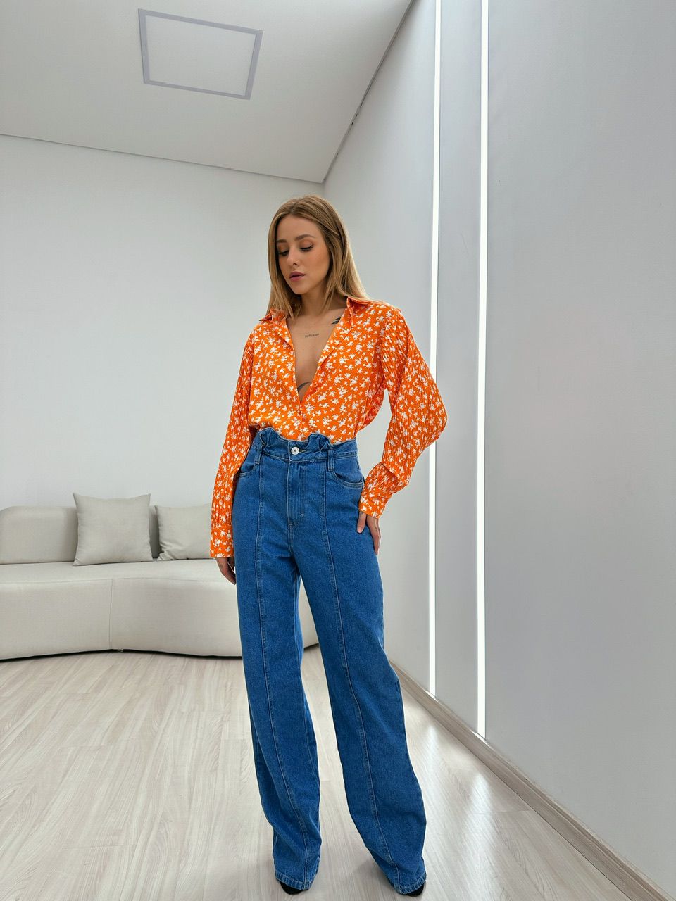 CAMISA FLORAL MANGA PLISSADA LARANJA