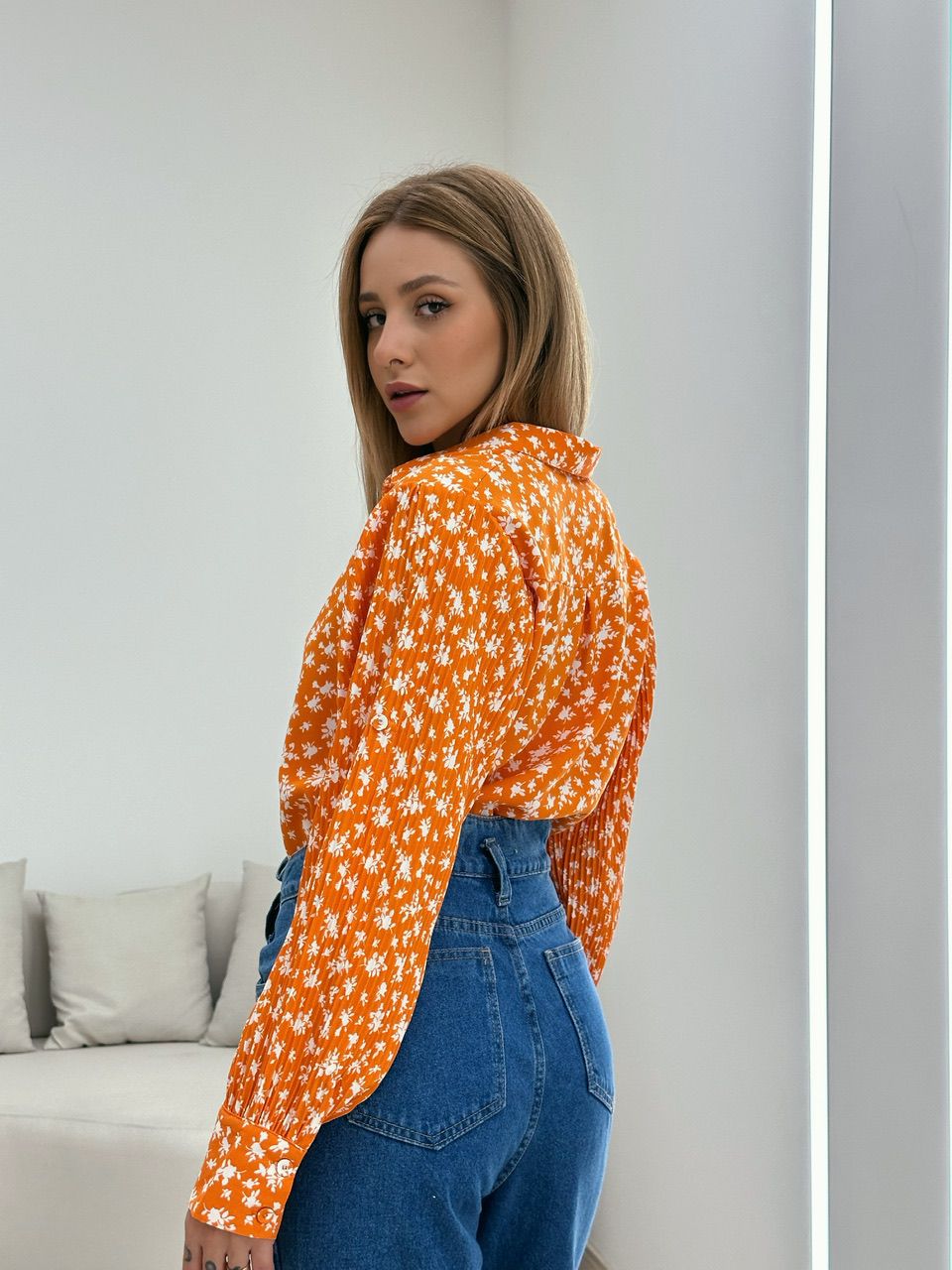 CAMISA FLORAL MANGA PLISSADA LARANJA