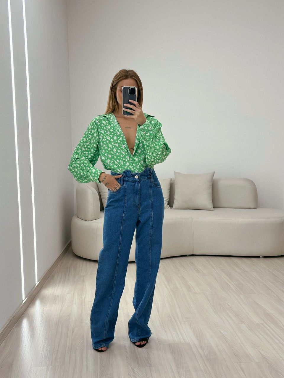 CAMISA FLORAL MANGA PLISSADA VERDE