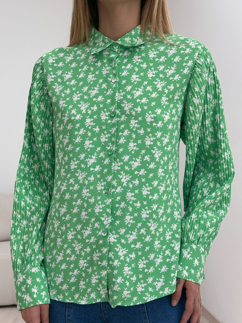CAMISA FLORAL MANGA PLISSADA VERDE