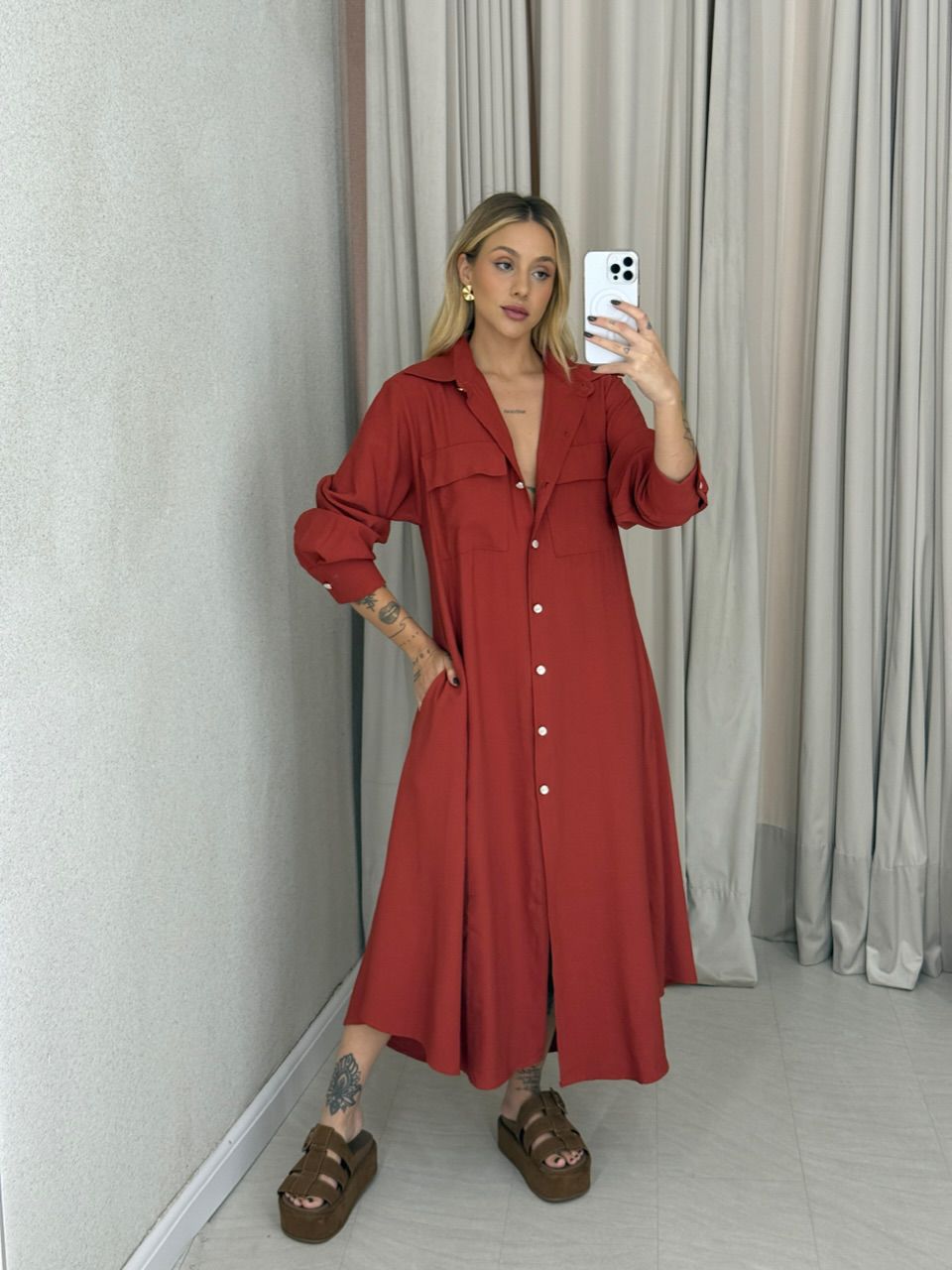 VESTIDO PALOMA MANGA LONGA TELHA