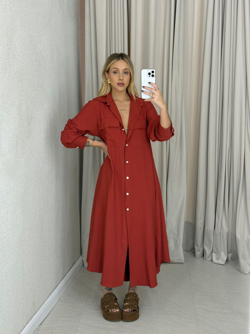 VESTIDO PALOMA MANGA LONGA TELHA