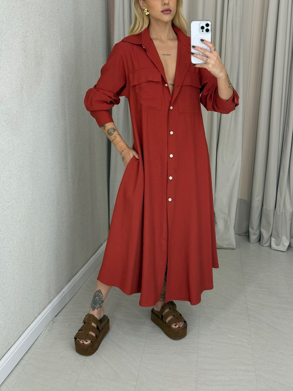 VESTIDO PALOMA MANGA LONGA TELHA