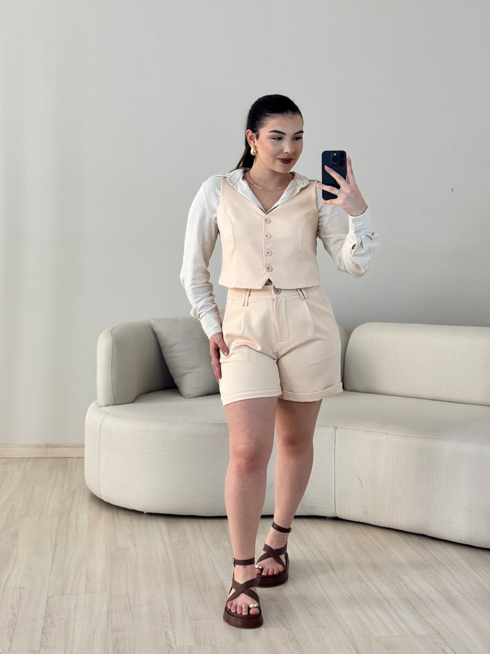 CONJUNTO ANA JÚLIA SHORT AREIA - 0063880110 - CAROLLA FERRARO