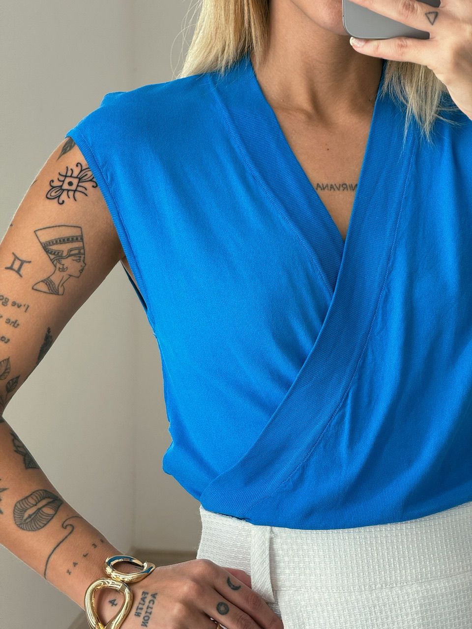 BLUSA TRESPASSADA TRICOZINHO AZUL