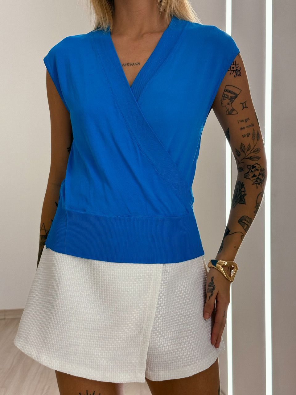 BLUSA TRESPASSADA TRICOZINHO AZUL