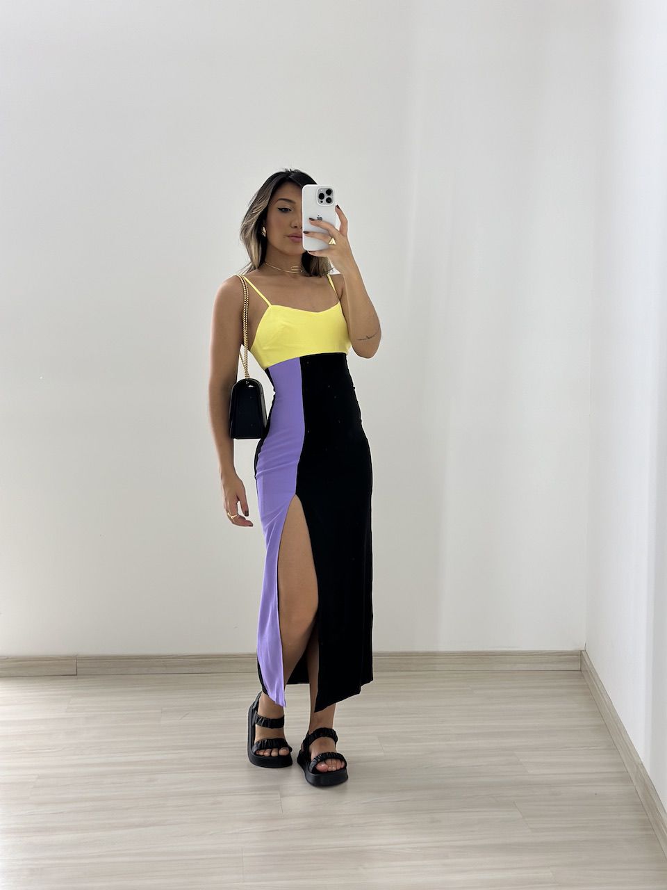 VESTIDO TRICOLOR MIDI AMARELO - 0053890111 - CAROLLA FERRARO