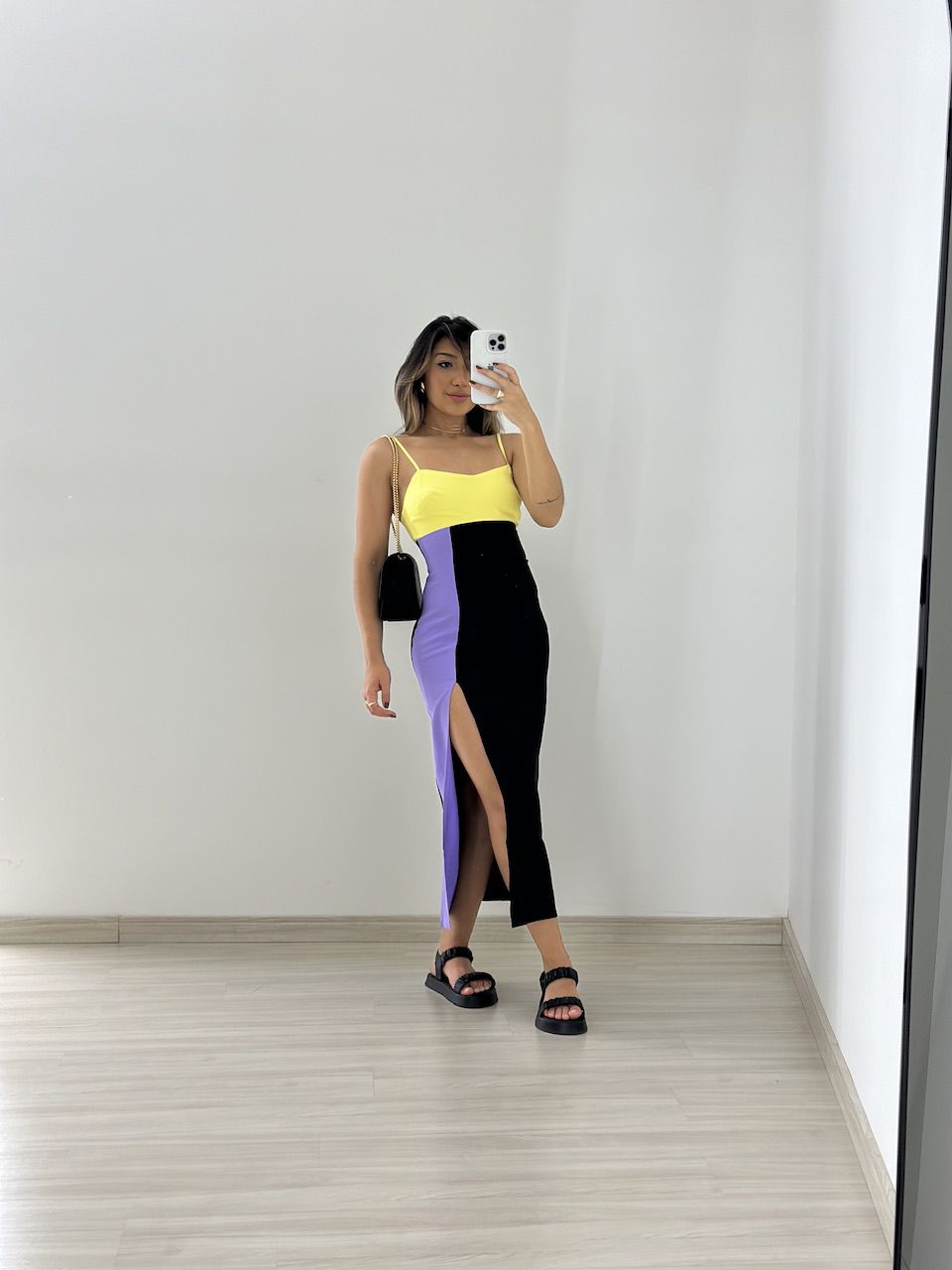 VESTIDO TRICOLOR MIDI AMARELO