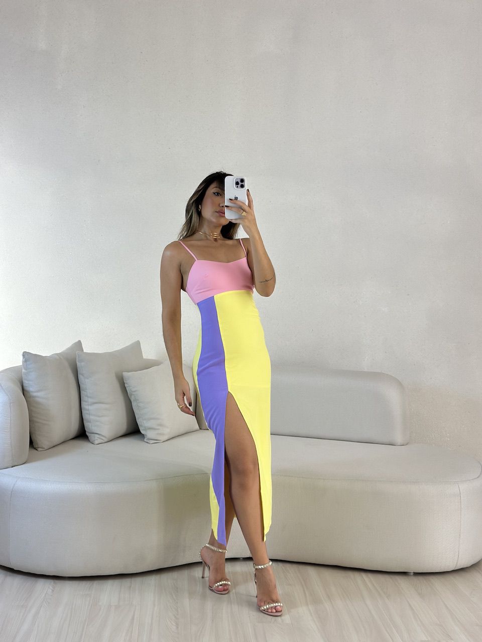 VESTIDO TRICOLOR MIDI ROSA