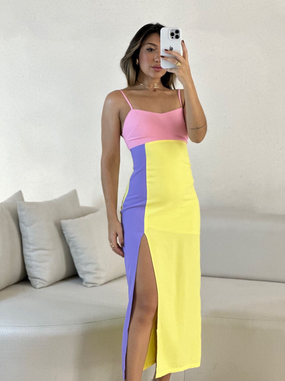 VESTIDO TRICOLOR MIDI ROSA