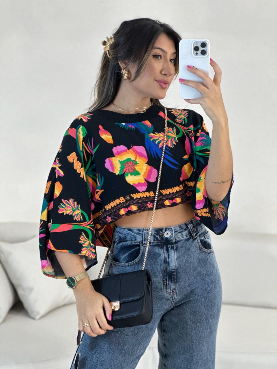 CROPPED FLORA ESTAMPADO PRETO - 0054790032 - CAROLLA FERRARO
