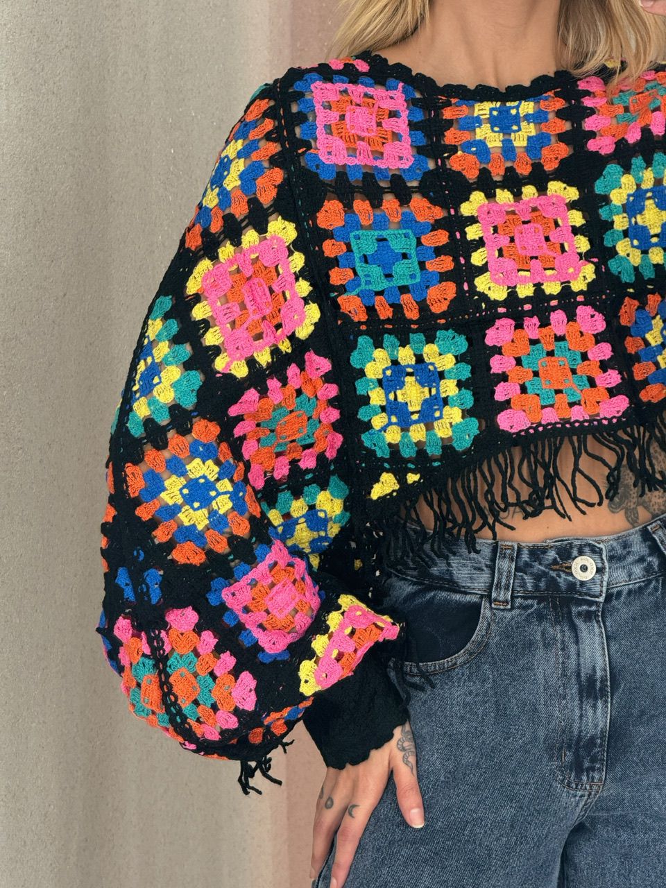 PONCHO CROCHÊ COLORS ROSA