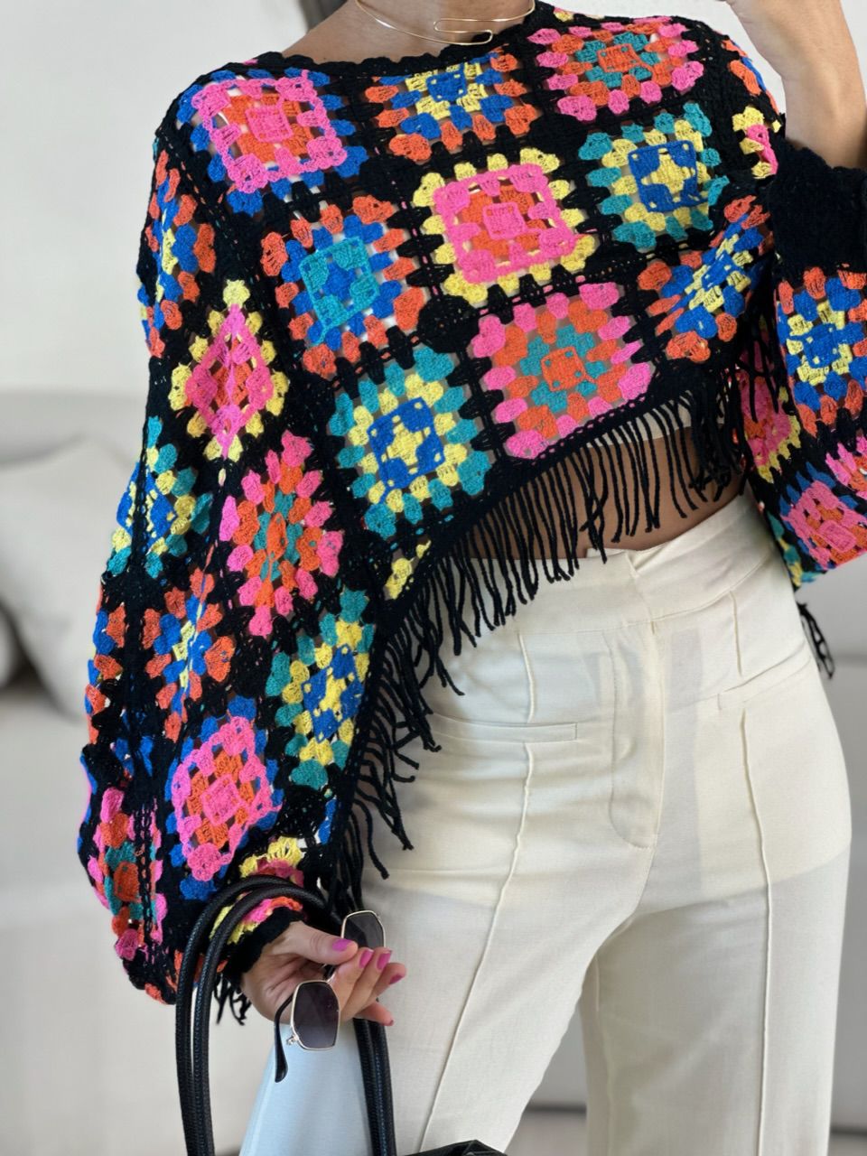 PONCHO CROCHÊ COLORS ROSA