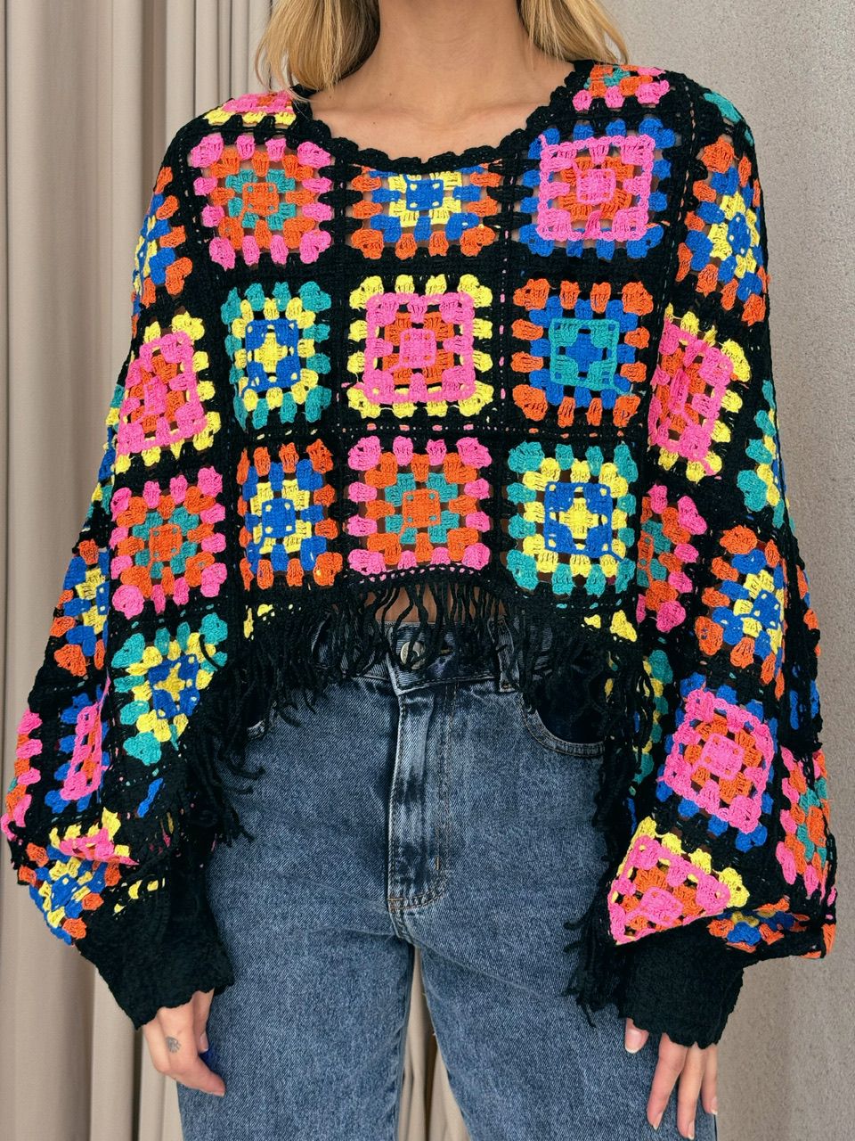 PONCHO CROCHÊ COLORS ROSA