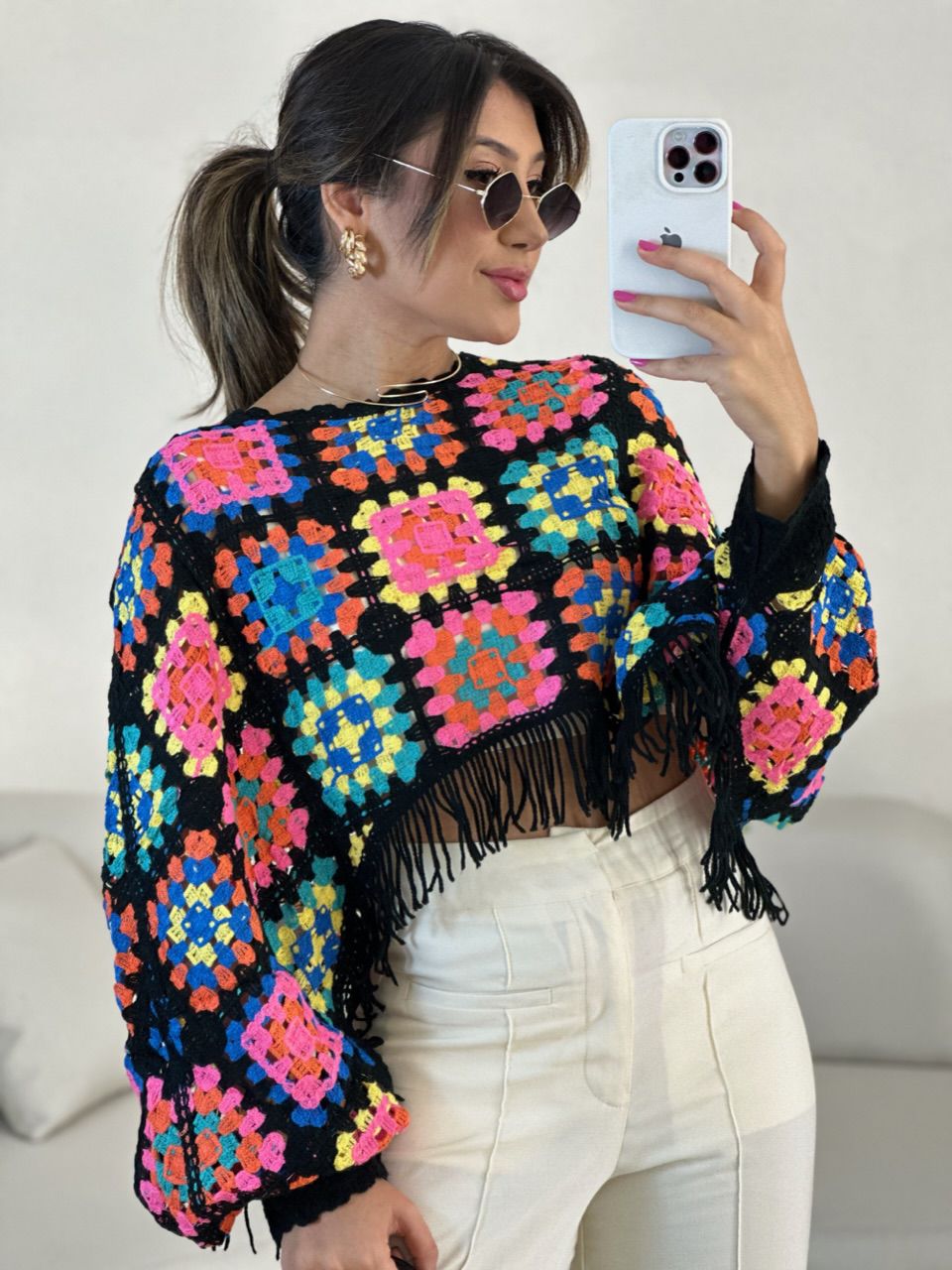 PONCHO CROCHÊ COLORS ROSA