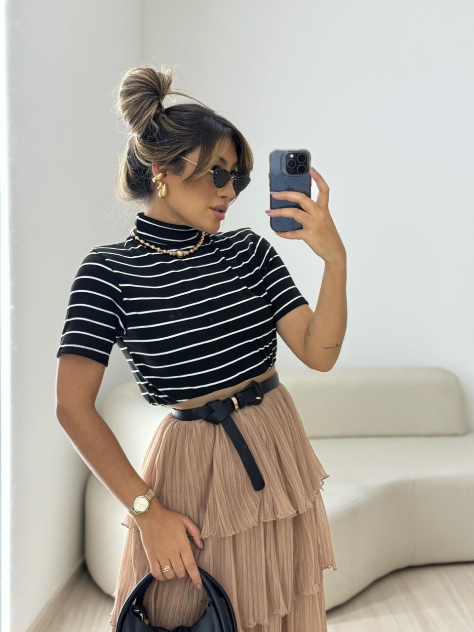 BLUSA LÍVIA CANELADA PRETA LISTRADA - 0049900341 - CAROLLA FERRARO