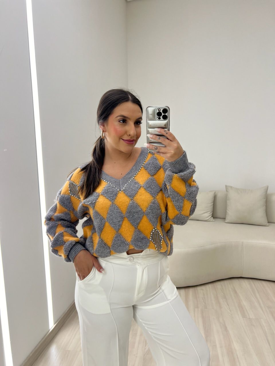 TRICOT GOLA V STRASS LARANJA