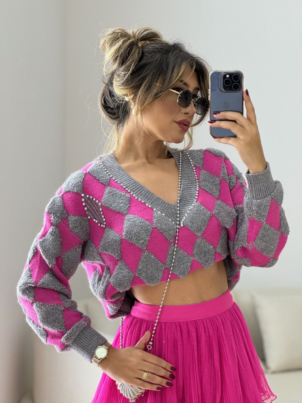 TRICOT GOLA V STRASS PINK - 0050520037 - CAROLLA FERRARO