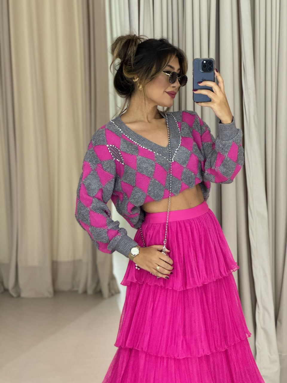 TRICOT GOLA V STRASS PINK