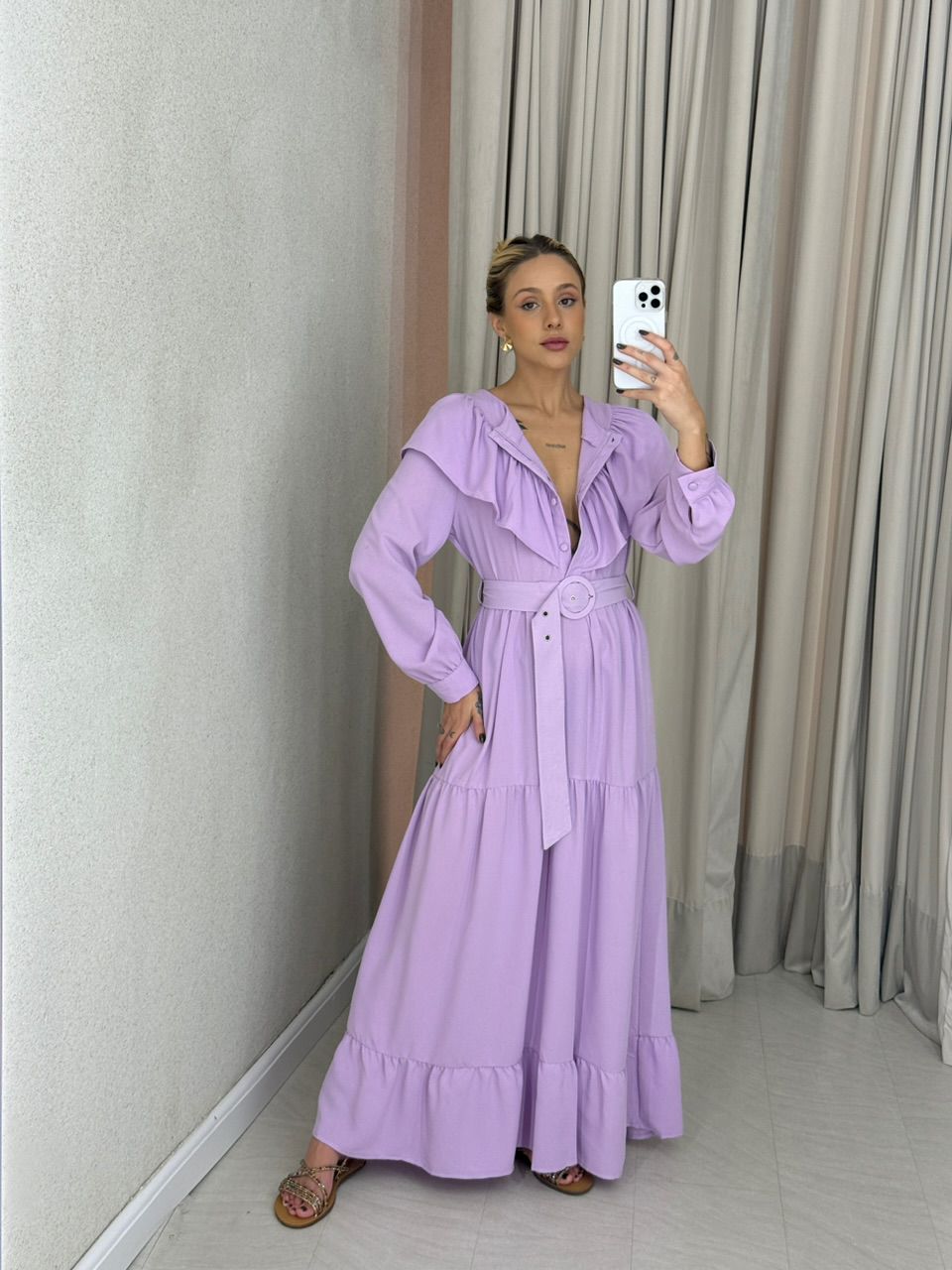 VESTIDO NADIELY BABADO Lilas - 0062980066 - CAROLLA FERRARO