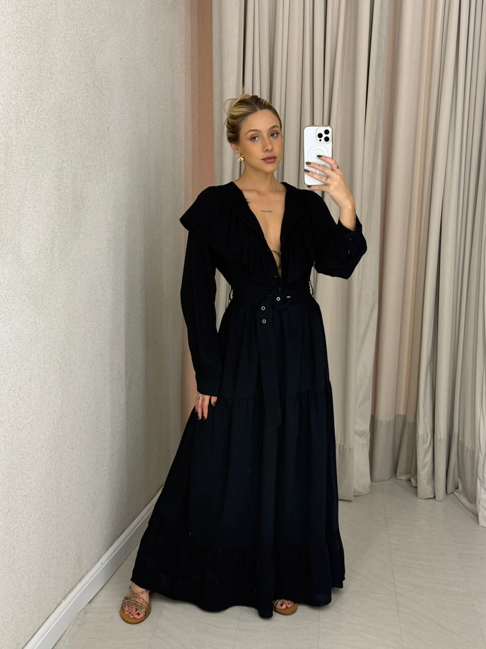 VESTIDO NADIELY BABADO preto - 0062980032 - CAROLLA FERRARO