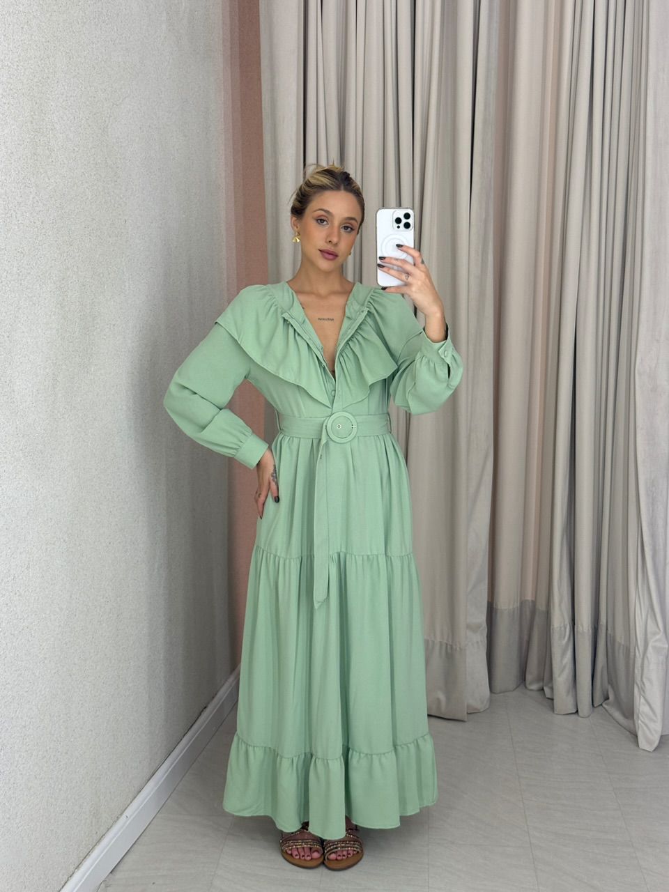 VESTIDO NADIELY BABADO verde - 0062980014 - CAROLLA FERRARO