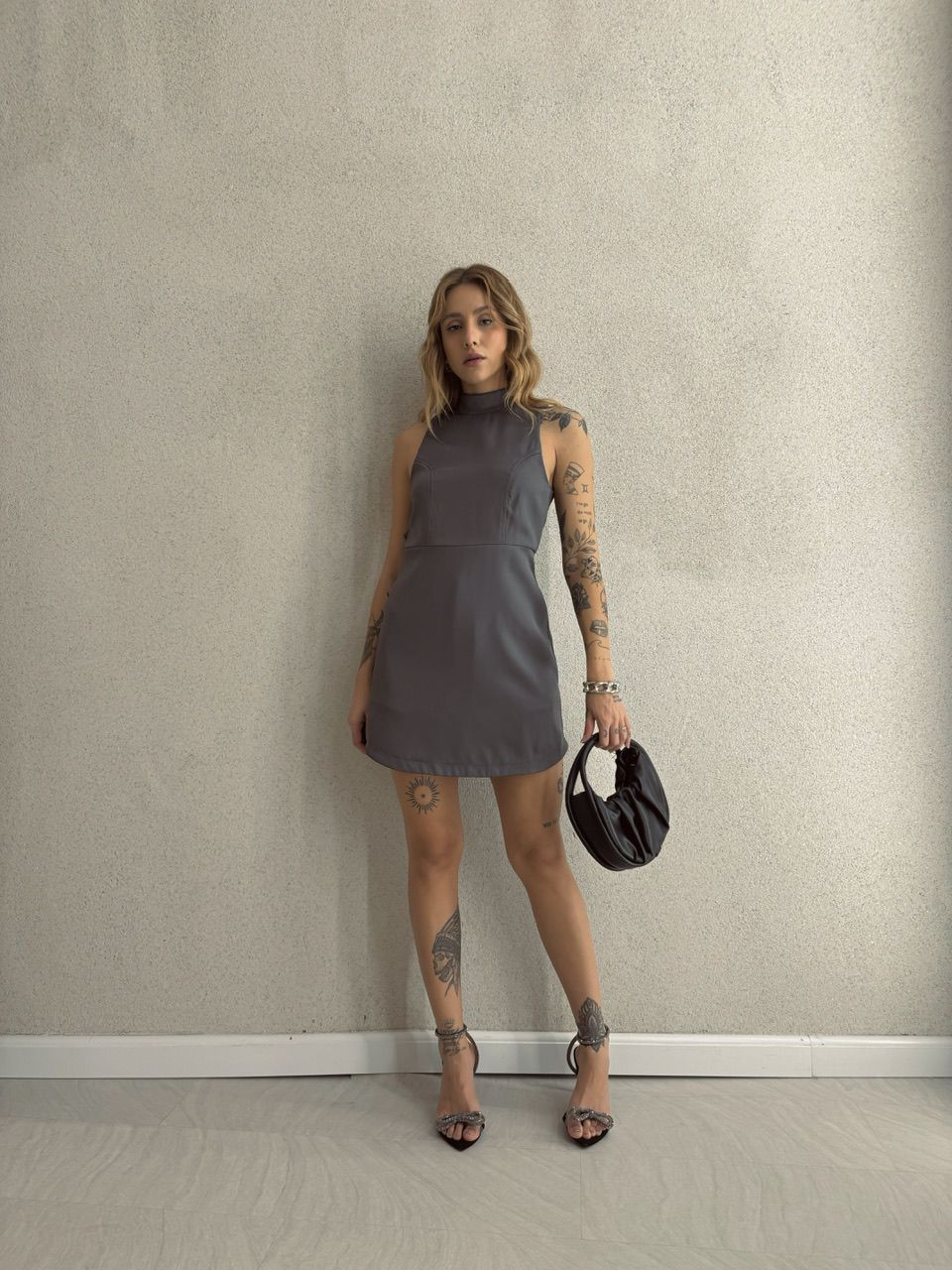 VESTIDO YARA FORRO SHORT CINZA - 0051720091 - CAROLLA FERRARO