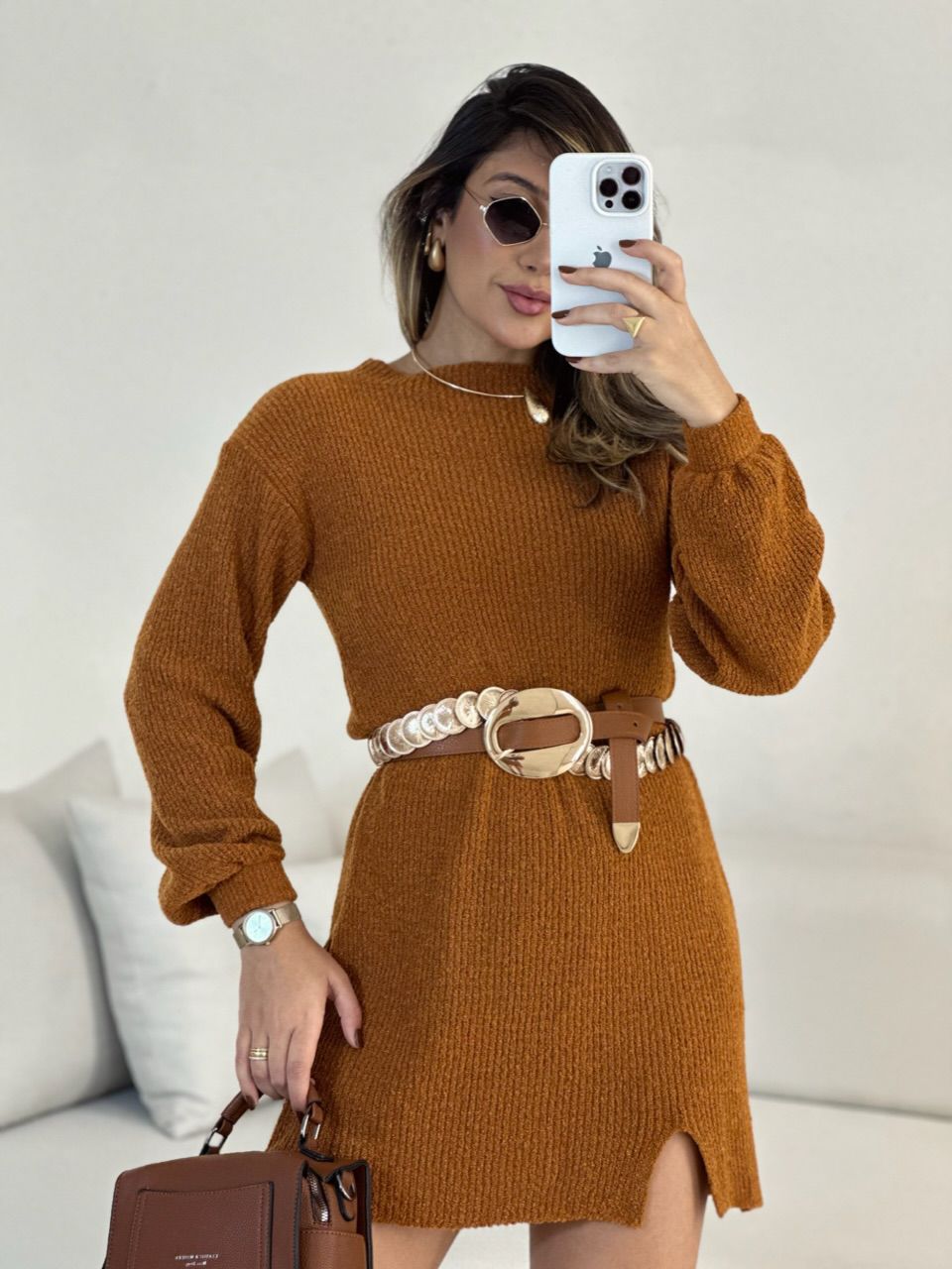 VESTIDO TRICOT MANGA LONGA FERRUGEM