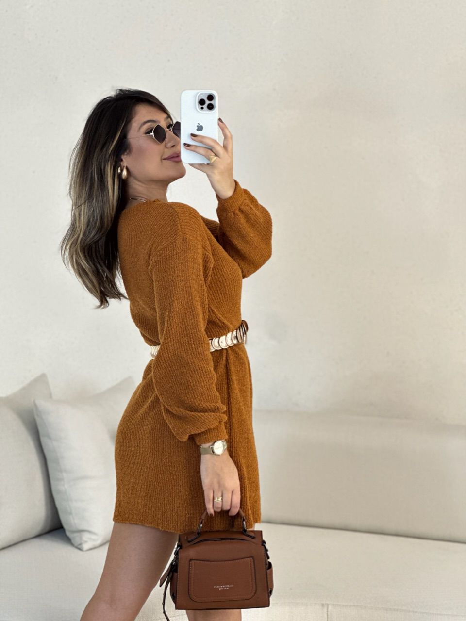 VESTIDO TRICOT MANGA LONGA FERRUGEM