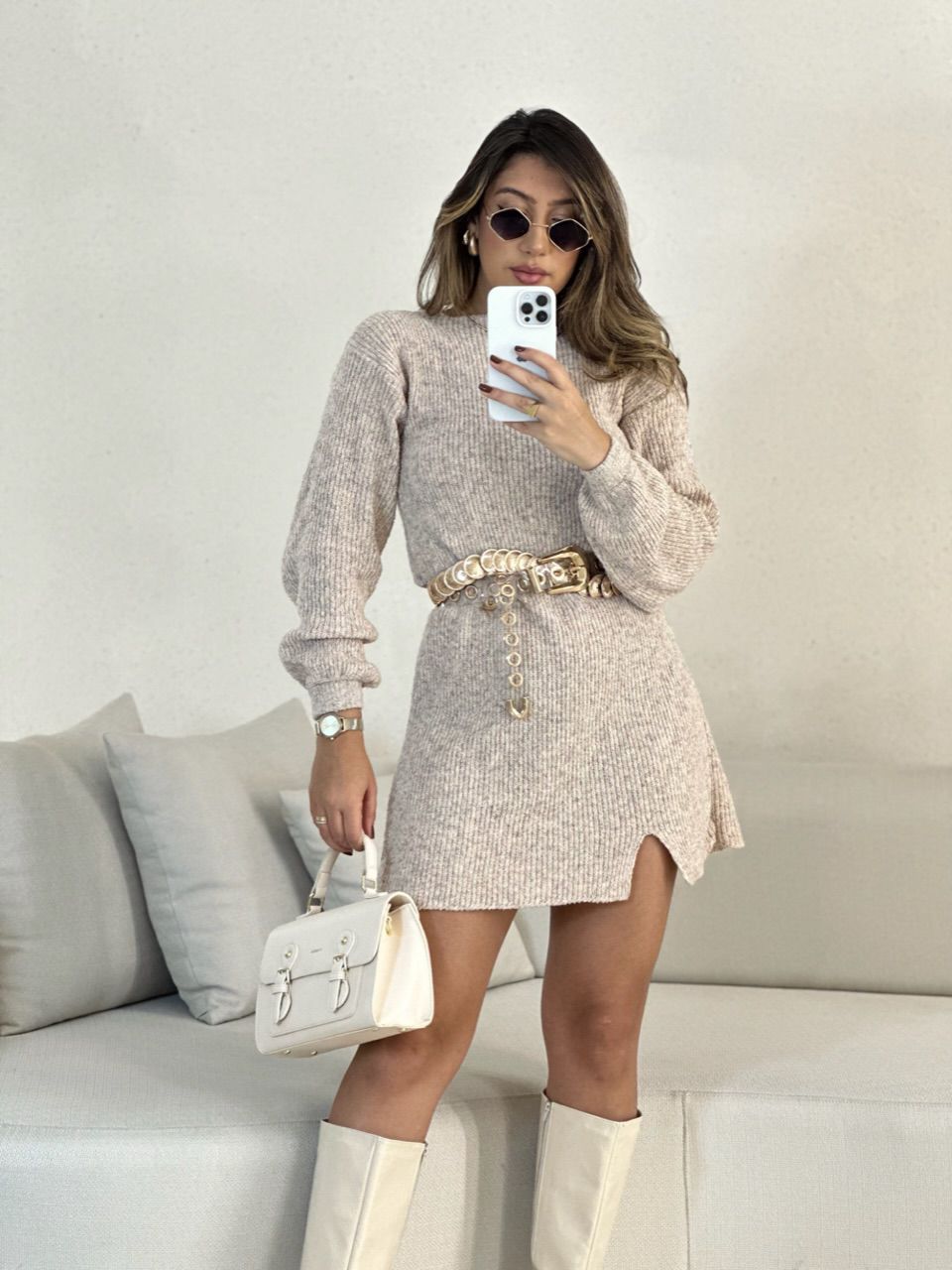 VESTIDO TRICOT MANGA LONGA NUDE - 0053720049 - CAROLLA FERRARO
