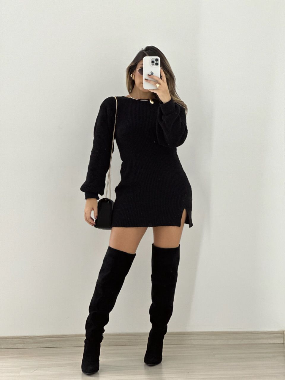 VESTIDO TRICOT MANGA LONGA PRETO