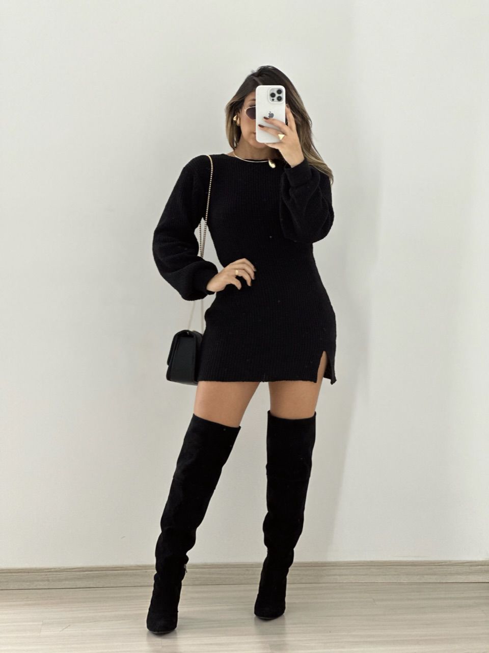 VESTIDO TRICOT MANGA LONGA PRETO