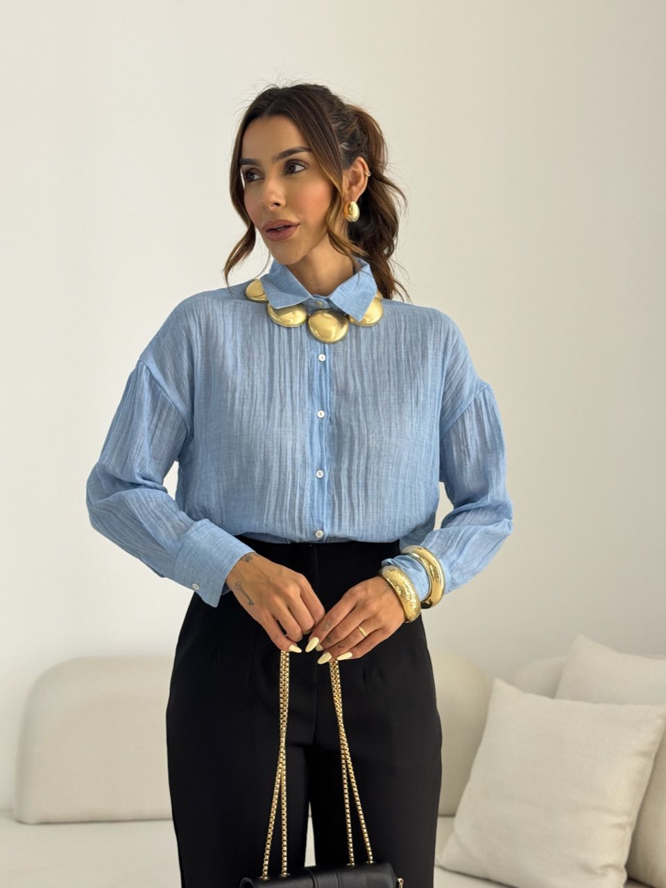 CAMISA CECILIA OVER AZUL - 0068560109 - CAROLLA FERRARO