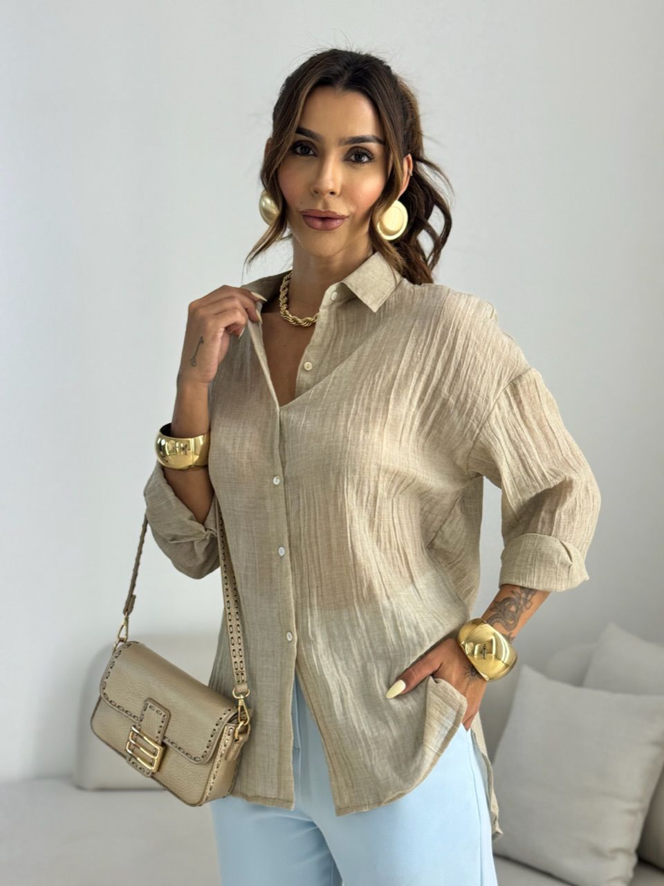 CAMISA CECILIA OVER CAQUI - 0068560096 - CAROLLA FERRARO