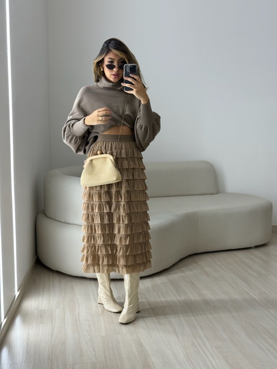 BLUSA MODAL GOLA ALTA CAQUI