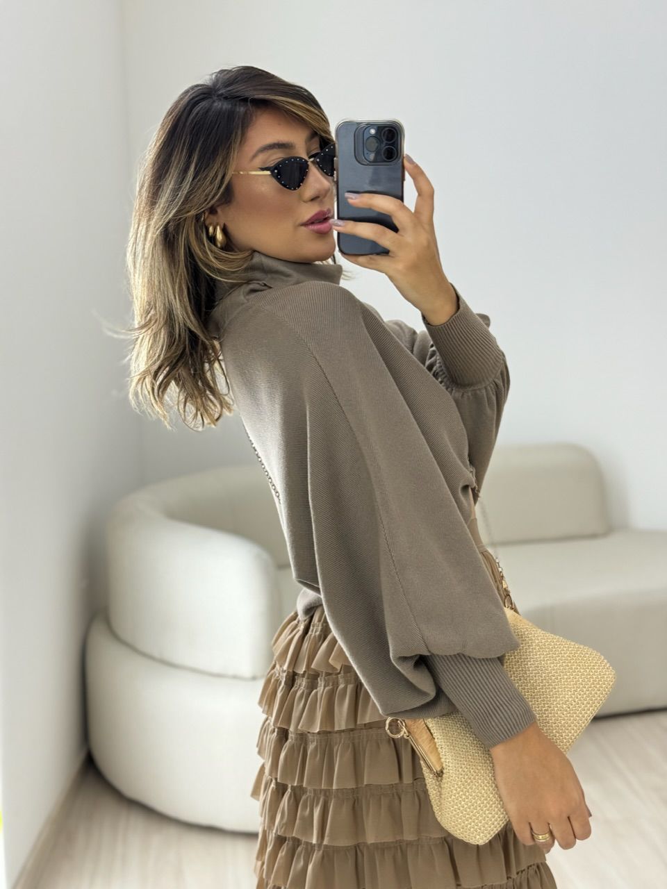 BLUSA MODAL GOLA ALTA CAQUI